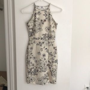 Cream crepe floral 90s halter bodycon dress